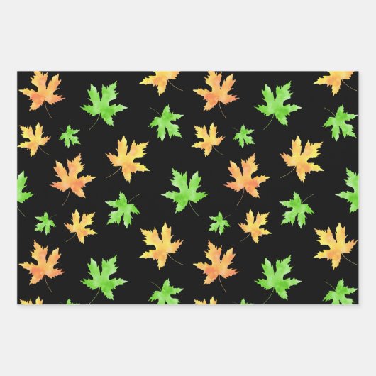 Waterverf esdoornbladpatronen zwarte achtergrond inpakpapier vel (Voorkant 3)