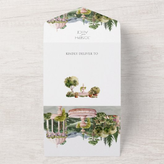 Waterverf esthetische groene tuin elegante bruilof all in one uitnodiging (Buitenkant)