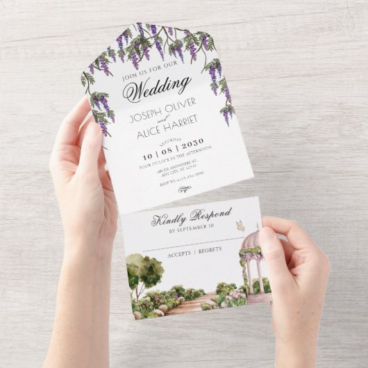 Waterverf esthetische groene tuin elegante bruilof all in one uitnodiging (Afscheurbaar)