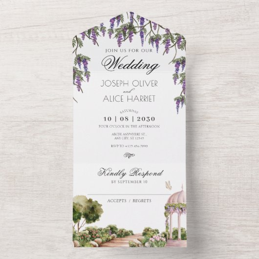 Waterverf esthetische groene tuin elegante bruilof all in one uitnodiging (Binnen)