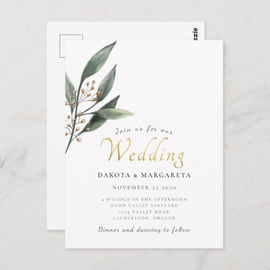 Waterverf eucalypt blad gouden script bruiloft briefkaart (Voorkant / Achterkant)