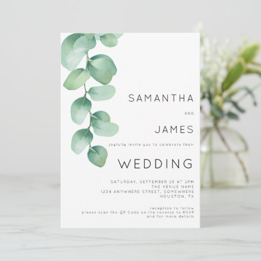 Waterverf Eucalyptus 3 Foto's QR-code bruiloft Kaart (Staand voorkant)