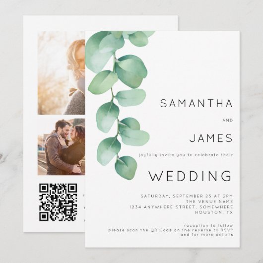 Waterverf Eucalyptus 3 Foto's QR-code Trouwen Kaart (Voorkant / Achterkant)