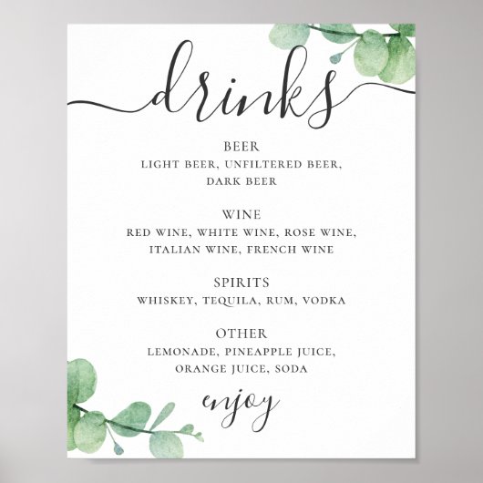 Waterverf eucalyptus. Alcohol-drinken trouwbar Poster (Voorkant)