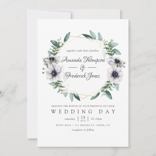Waterverf Eucalyptus Anemone Geometric Wedding Kaart (Voorkant)