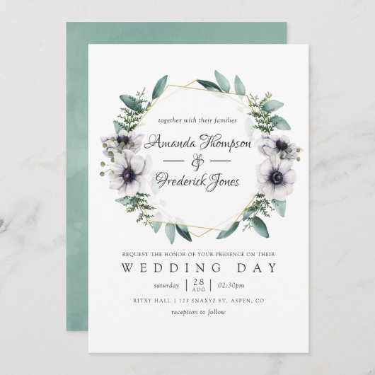 Waterverf Eucalyptus Anemone Geometric Wedding Kaart (Voorkant / Achterkant)