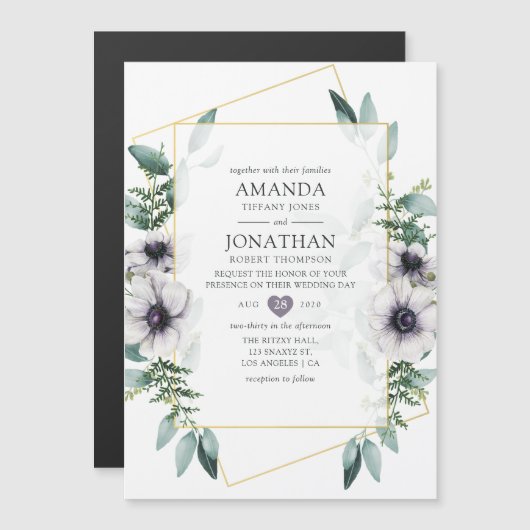 Waterverf Eucalyptus Anemone Geometric Wedding Magnetische Uitnodiging (Voorkant / Achterkant)