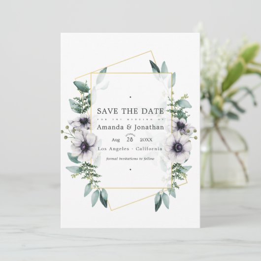 Waterverf Eucalyptus Anemone Geometrische Trouwdag Save The Date (Staand voorkant)