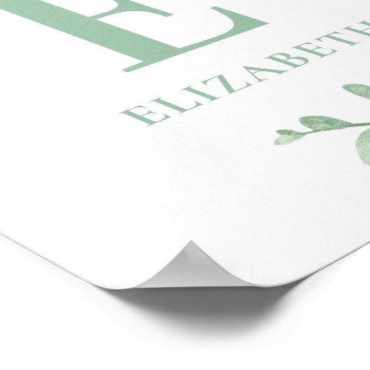 Waterverf eucalyptus baby monogram. Groene kwekeri Poster (Hoek)