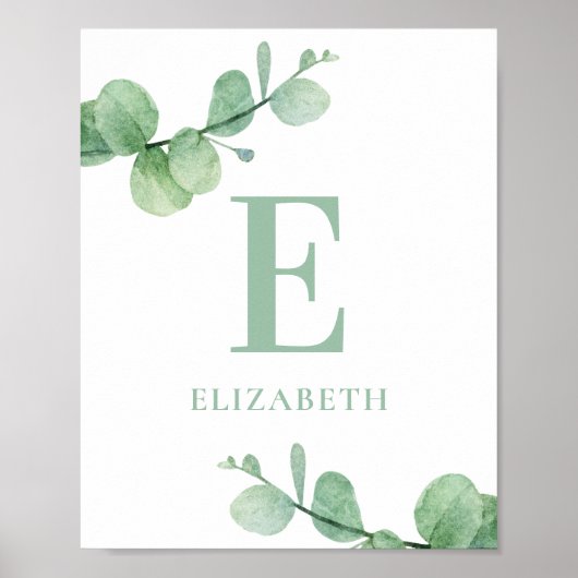 Waterverf eucalyptus baby monogram. Groene kwekeri Poster (Voorkant)