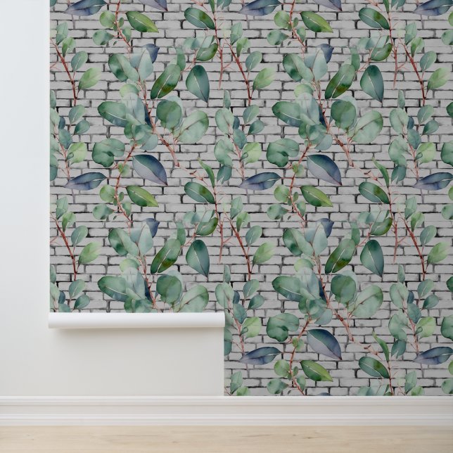 Waterverf eucalyptus baksteen verlaat groen tuin behang (Applicatie)