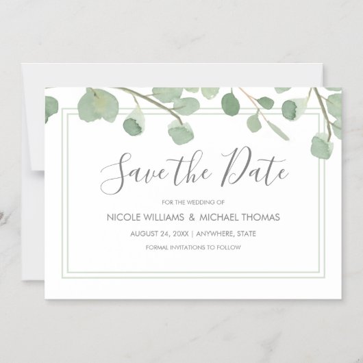 Waterverf Eucalyptus Bewaar de datum Magnetische Uitnodiging (Voorkant)