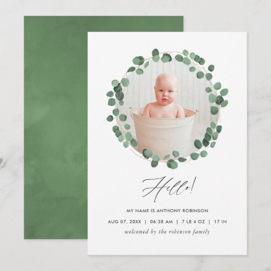 Waterverf Eucalyptus Birth Announding Kaart (Voorkant / Achterkant)