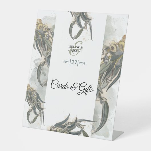 Waterverf Eucalyptus blaast bruiloft kaartjes cade Reclamebord Met Voetstuk (Voorkant)
