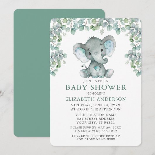 Waterverf Eucalyptus blaast olifant Baby shower Kaart (Voorkant / Achterkant)