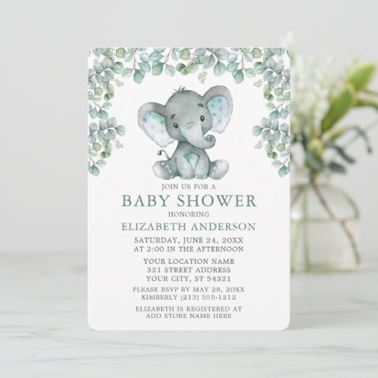 Waterverf Eucalyptus blaast olifant Baby shower Kaart (Staand voorkant)