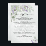 Waterverf Eucalyptus Bladeren & Lavendel Bruiloft Menu<br><div class="desc">Dit prachtige huwelijksmenu is eenvoudig, elegant, verfijnd en stijlvol. Het beschikt over een prachtig rustiek boho chique ontwerp met kanten script kalligrafie en handbeschilderde waterverf takjes van eucalyptusbladeren en lavendelbloemen op een gemarmerde stoffige blauwe of staalblauwe achtergrond. De achterkant heeft ruimte voor de namen van het paar en de trouwdatum,...</div>