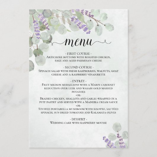 Waterverf Eucalyptus Bladeren & Lavendel Bruiloft Menu (Voorkant)