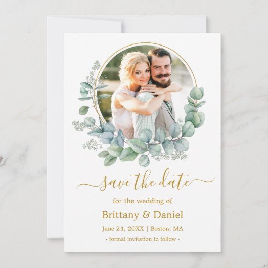Waterverf Eucalyptus blauw Lijst goud Save The Date (Voorkant)