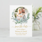 Waterverf Eucalyptus blauw Lijst goud Save The Date (Staand voorkant)