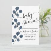 Waterverf Eucalyptus Blauwe Script Baby Borrel Kaart (Staand voorkant)