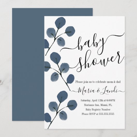 Waterverf Eucalyptus Blauwe Script Baby Borrel Kaart (Voorkant / Achterkant)