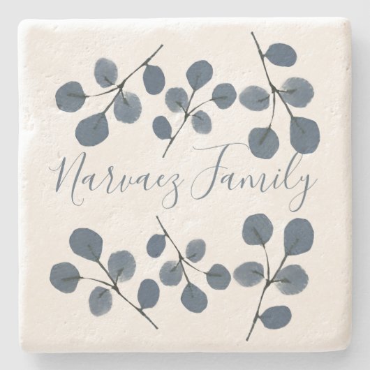 Waterverf Eucalyptus Blue Botanische hand geschild Stenen Onderzetter (Voorkant)