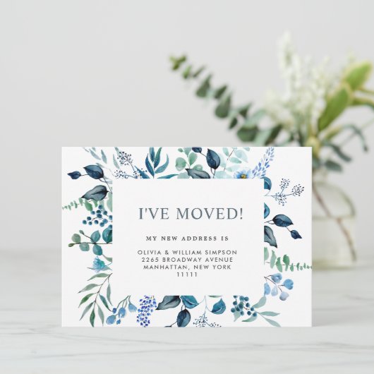 Waterverf Eucalyptus Blue Rozen Floral Moving Aankondiging (Staand voorkant)