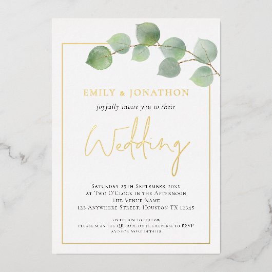 Waterverf Eucalyptus Border Weddenschap Gold Real Folie Uitnodiging (Voorkant)