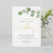 Waterverf Eucalyptus Border Weddenschap Gold Real Folie Uitnodiging (Staand Voorkant)