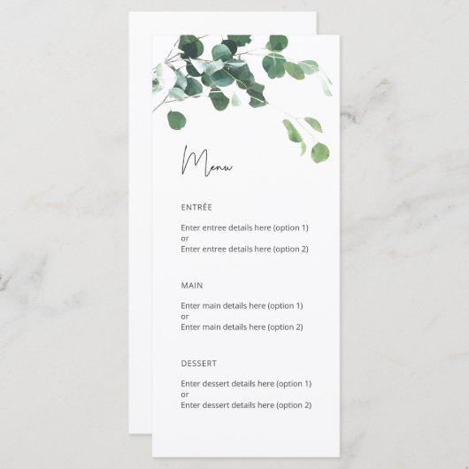 Waterverf Eucalyptus Botanische bruiloft Menu (Voorkant / Achterkant)
