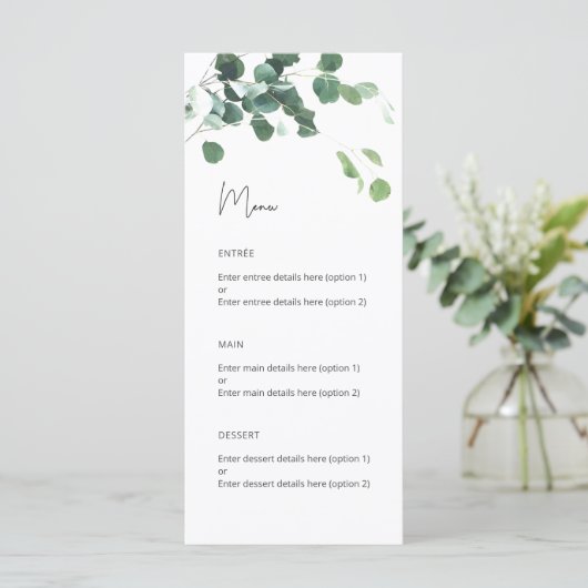 Waterverf Eucalyptus Botanische bruiloft Menu (Staand voorkant)