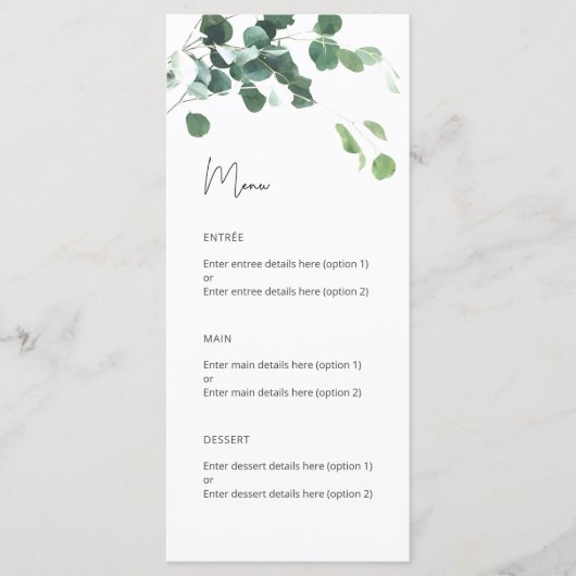 Waterverf Eucalyptus Botanische bruiloft Menu (Voorkant)