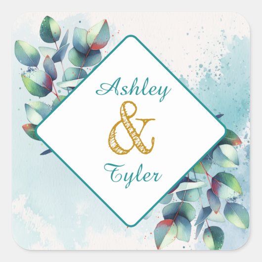 Waterverf Eucalyptus Botanische bruiloft Vierkante Sticker (Voorkant)