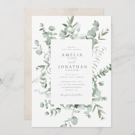 Waterverf eucalyptus bruiloft uitnodiging (Voorkant / Achterkant)