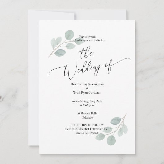 Waterverf Eucalyptus Bruiloft Uitnodiging geen fot (Voorkant)