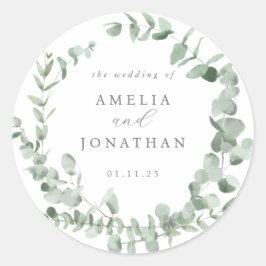 Waterverf eucalyptus bruiloft uitnodiging ronde sticker