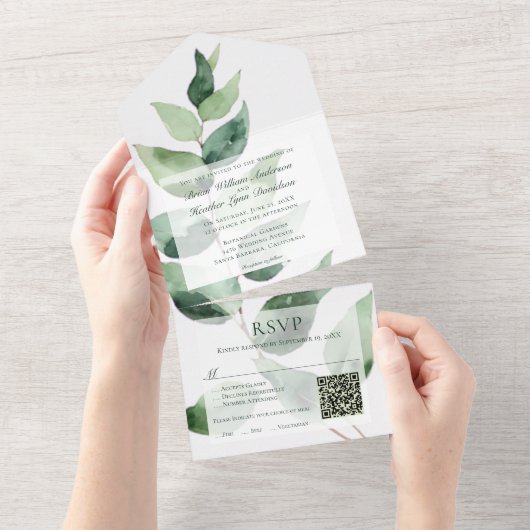 Waterverf Eucalyptus Bruiloft | Wit All In One Uitnodiging (Afscheurbaar)