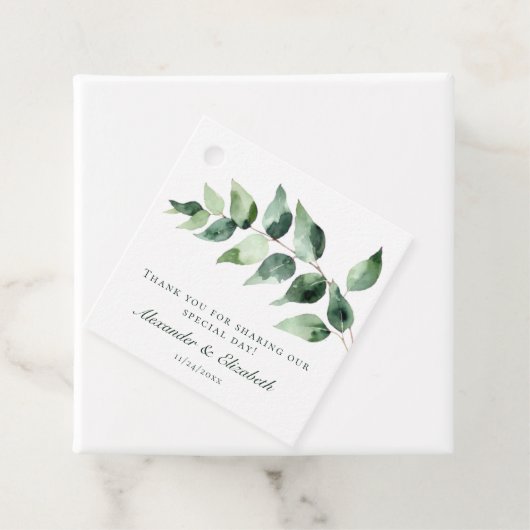 Waterverf Eucalyptus Bruiloft | Wit Bedankjes Labels (In situ)