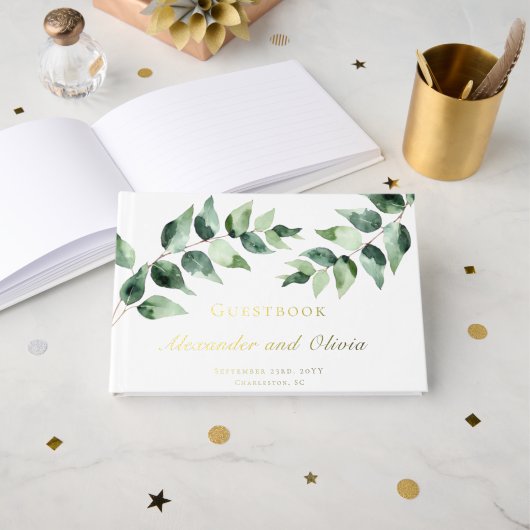 Waterverf Eucalyptus Bruiloft | Wit Gastenboek (Voorkant open)