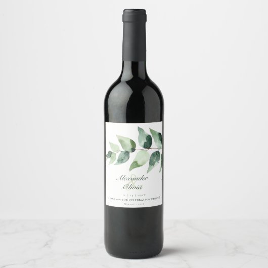Waterverf Eucalyptus Bruiloft | Wit Wijn Etiket (Voorkant)