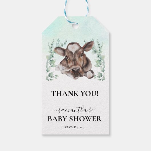 Waterverf Eucalyptus Calf Boerderij Koe Baby showe Cadeaulabel (Achterkant)