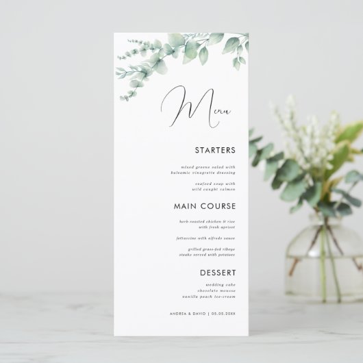 Waterverf Eucalyptus Delicate Calligraphy Wedding Menu (Staand voorkant)