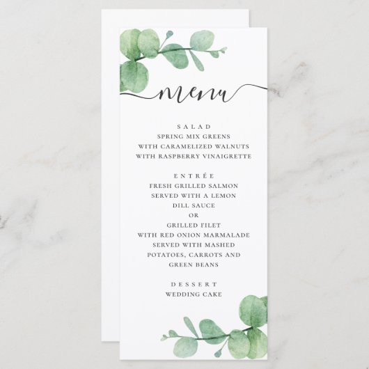 Waterverf eucalyptus. Elegant script bruiloft Menu (Voorkant / Achterkant)