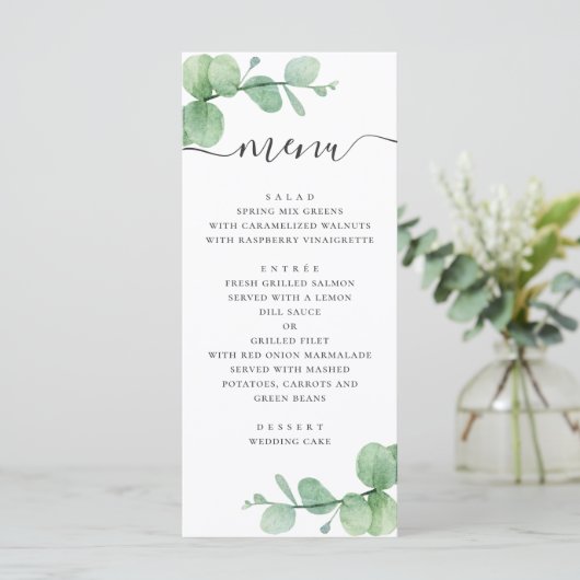 Waterverf eucalyptus. Elegant script bruiloft Menu (Staand voorkant)