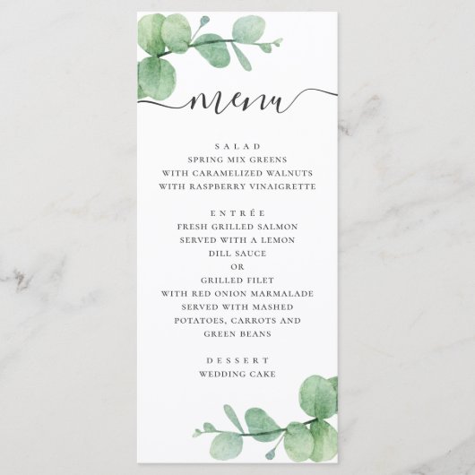Waterverf eucalyptus. Elegant script bruiloft Menu (Voorkant)