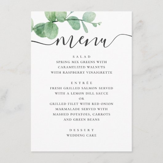 Waterverf eucalyptus. Elegant script bruiloft Menu (Voorkant)