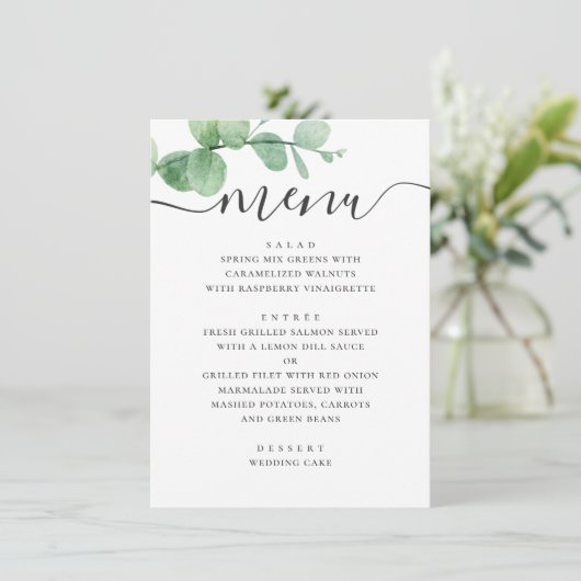 Waterverf eucalyptus. Elegant script bruiloft Menu (Staand voorkant)