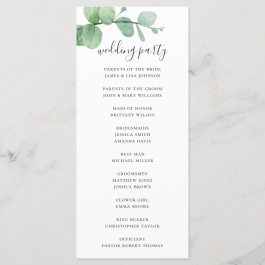 Waterverf eucalyptus. Elegant script bruiloft Programmakaart (Achterkant)