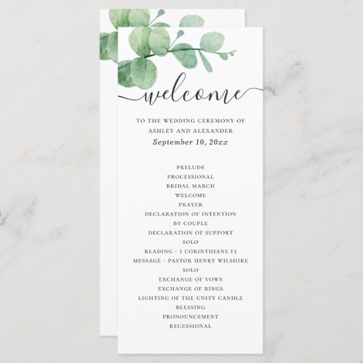 Waterverf eucalyptus. Elegant script bruiloft Programmakaart (Voorkant / Achterkant)